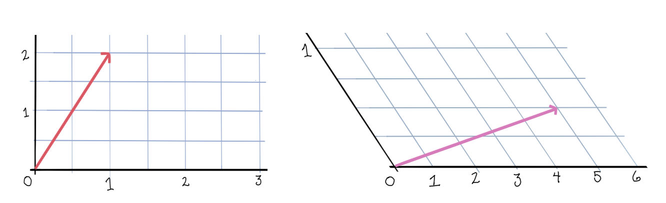 Drawing of vectors in two coordinate systems.